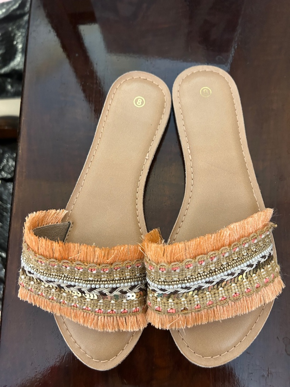 Cracker Barrel Peach Fringe Woven Slide Sandals